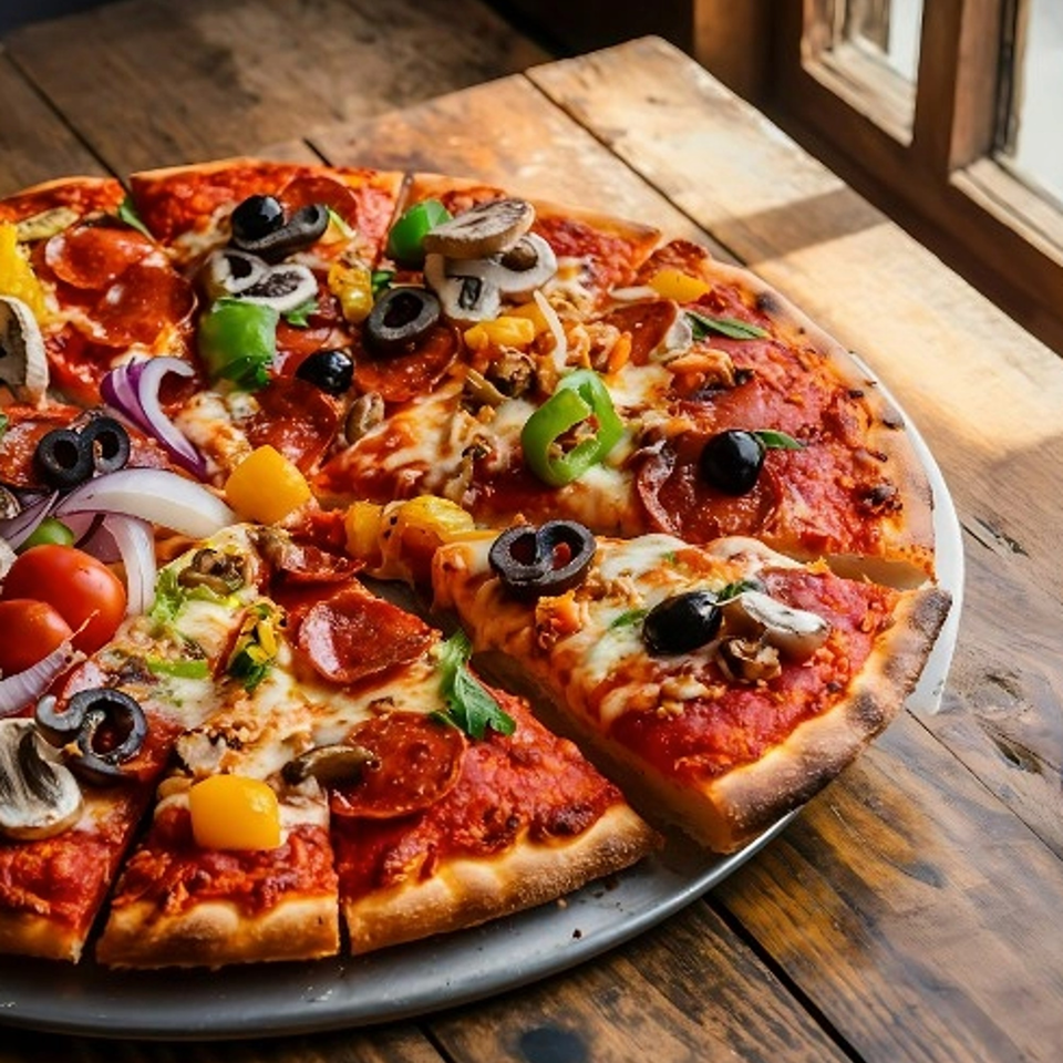 Pizzano's Pizza & Grinders' pepperoni and veggie pizza with a slice removed on a wooden table.
